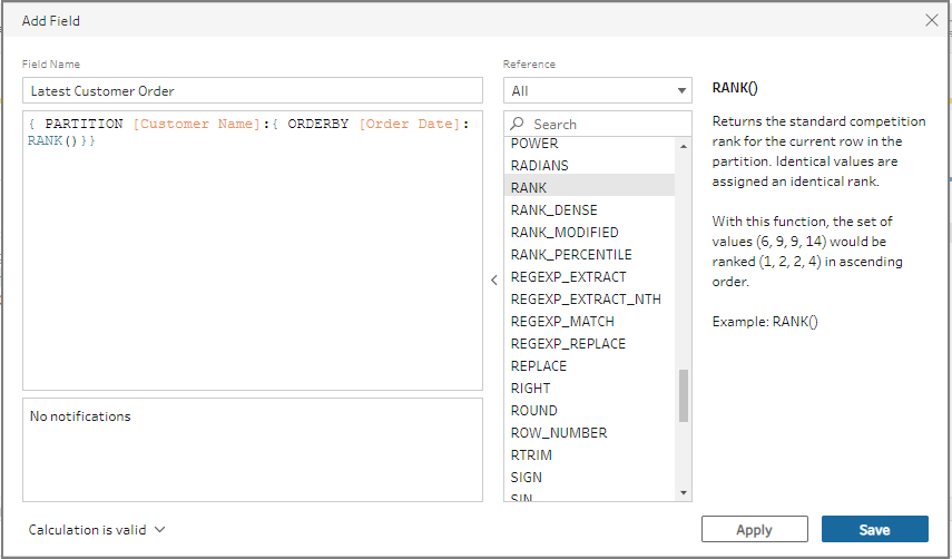 L’éditeur de calcul ajoute un champ calculé, «&nbsp;Dernière commande client&nbsp;», qui utilise la fonction RANK.