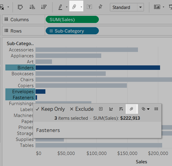 Un graphique à barres avec deux lignes et trois colonnes. La première colonne est intitulée Sous-catégorie et contient les valeurs Accessoires, Appareils, Art, Classeurs,