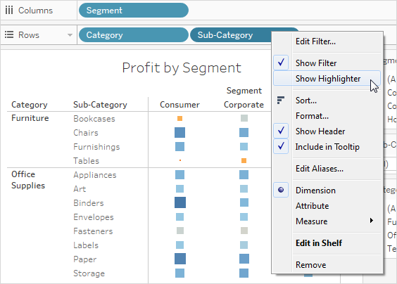 Une table montrant le profit par segment, avec le menu contextuel développé et l’option Afficher le surligneur sélectionnée et mise en surbrillance.