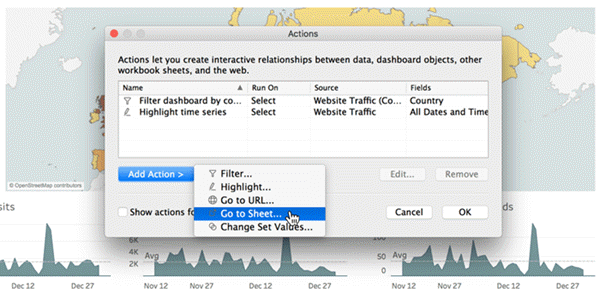 Boîte de dialogue Actions avec option Aller à la feuille.