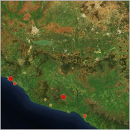 Une carte utilisant le style de carte d’arrière-plan Satellite dans Tableau, avec affichage de la vue satellite de la zone géographique.
