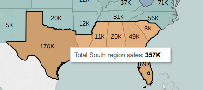 Une carte du Sud des États-Unis avec des données de vente.