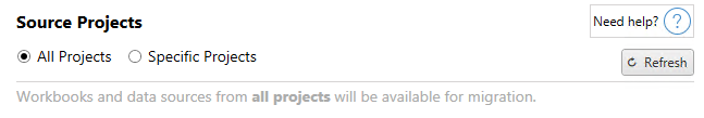 Interface de sélection de tous les projets à migrer avec une option d’actualisation.