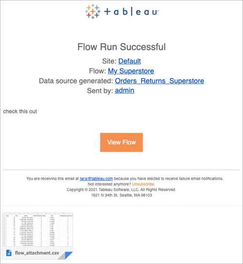 Une notification par e-mail qui confirme l’exécution réussie d’un flux. L’e-mail fournit des détails sur le flux, sa source de données et l’expéditeur.