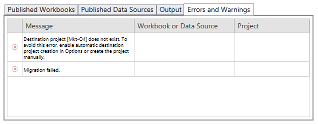 Une table d’erreurs et d’avertissements, complète avec des messages, des classeurs ou des sources de données et des projets.