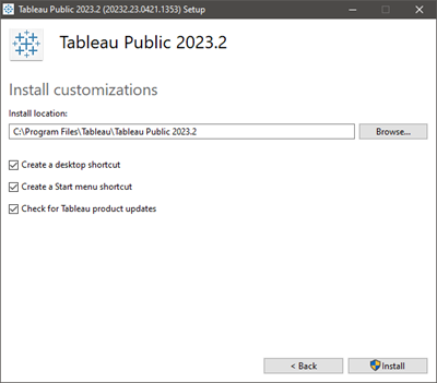 Finestra di installazione di Tableau Public 2023.2 con le opzioni di installazione.