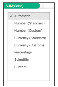 Menu a discesa con opzioni per il formato dei numeri: automatico, numero standard, numero personalizzato, valuta standard, valuta personalizzata, percentuale, notazione scientifica o personalizzato.