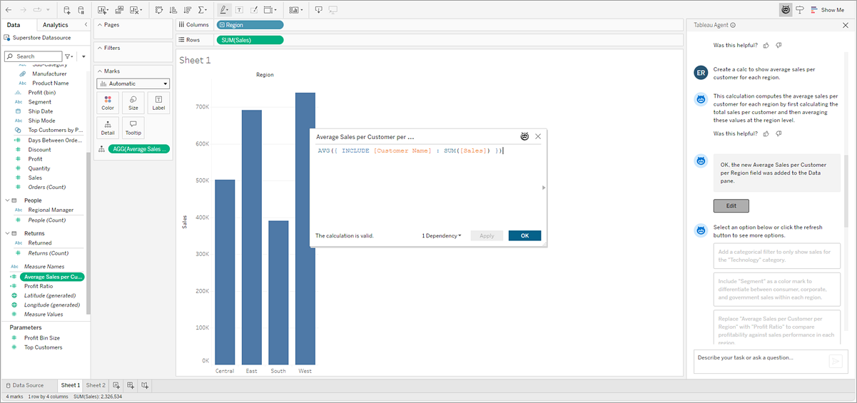 Una visualizzazione che mostra un grafico a barre con l’editor di calcolo e il riquadro della conversazione di Tableau Agent aperti. Nel riquadro della conversazione è evidenziato il pulsante Modifica.