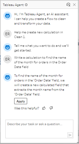 Riquadro di Tableau Agent che mostra un calcolo suggerito per estrarre il nome del mese dal campo Data ordine.