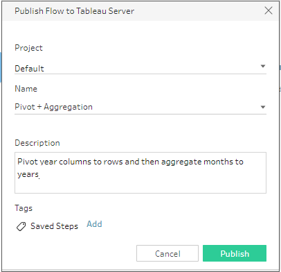 Finestra di dialogo Pubblica flusso su Tableau Server.