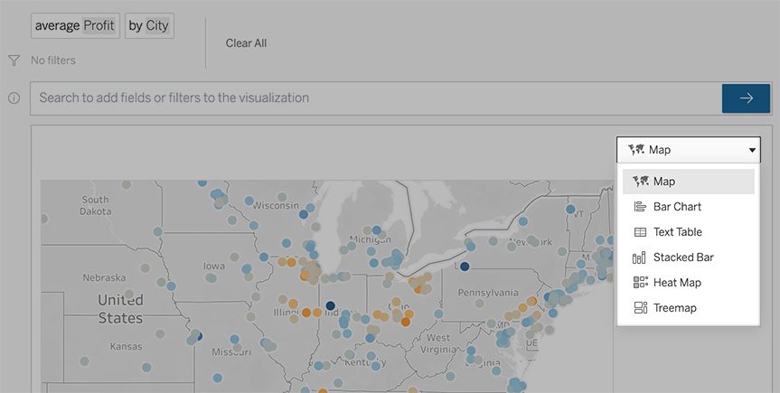 Una visualizzazione di una mappa degli Stati Uniti mostra il profitto medio per città e un menu a discesa è evidenziato per mostrare le seguenti opzioni per modificare il tipo di visualizzazione: mappa, grafico a barre, tabella di testo, barre in pila, mappa termica e diagramma ad albero.