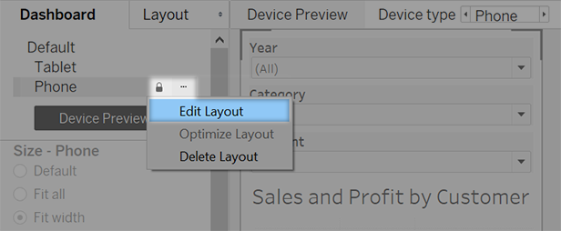 Dashboard con l'icona del lucchetto selezionata per Telefono e l'opzione Modifica layout selezionata dal menu a discesa.