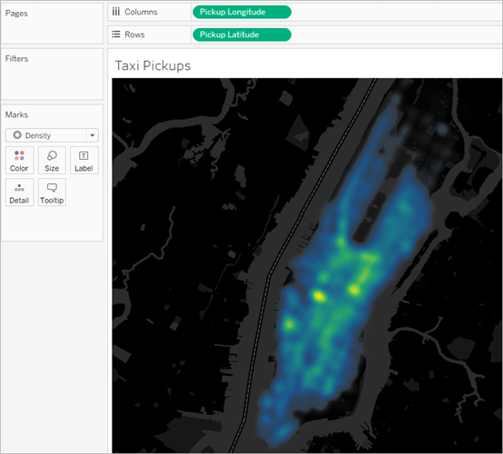 Mappa termica che mostra i punti di prelievo dei taxi a New York City.