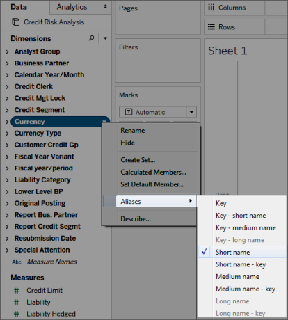 Menu di scelta rapida dalla dimensione Valuta nel riquadro Dati, con Alias e Nome breve selezionati.
