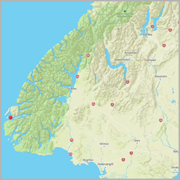 Una mappa che utilizza lo stile di mappa di sfondo Esterni in Tableau e mostra la topografia della regione.