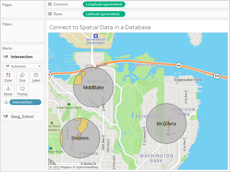 Mappa del quartiere Montlake di Seattle, in cui sono visibili vari parchi, strade ed edifici.