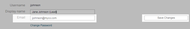 Modulo con campi per un nome utente, un nome visualizzato, un indirizzo e-mail e un pulsante per salvare le modifiche. Include anche un link per cambiare la password.