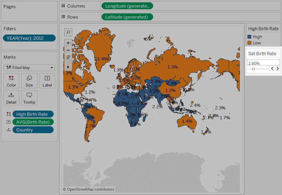 Una mappa che illustra le varianze globali nei tassi di natalità con una casella di parametro che consente all'utente di visualizzare gli indicatori a un certo livello.