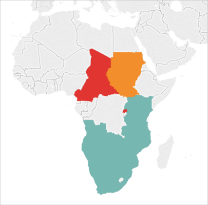 Mappa dell’Africa con tre paesi evidenziati.