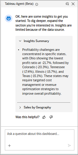 Tableau Agent con un’icona Pollice su e un’icona Pollice giù selezionabili per consentirti di fornire feedback sulla risposta dell’agente.