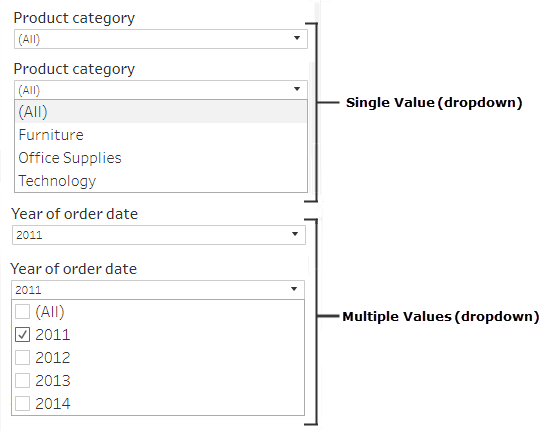 Due menu a discesa, uno con un valore singolo per la categoria di prodotto e l’altro con valori multipli per l’anno della data dell’ordine.