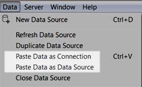 Il menu a discesa Dati mostra le opzioni di menu Incolla dati come connessione e Incolla dati come origine dati.