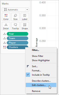 Menu a discesa di filtro con l’opzione per modificare i cluster.