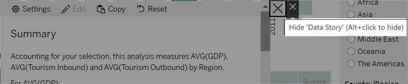 Un oggetto Storia basata sui dati con una grande icona X che consente agli utenti di nascondere la storia e informazioni che dicono "Nascondi "Storia basata sui dati" (ALT+clic per nascondere)