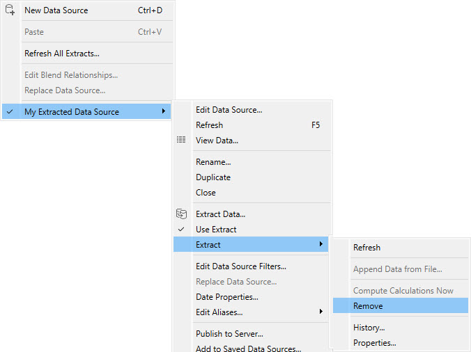 Menu Dati con il nome dell'origine dati selezionata, il sottomenu per l'origine dati con l’opzione Estrai selezionata e il sottomenu con l’opzione Rimuovi selezionata.