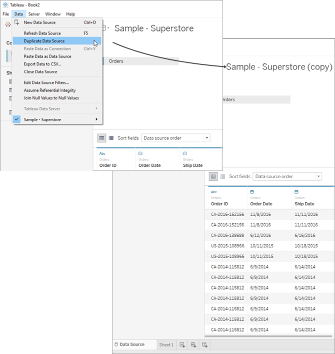Duplicazione di un’origine dati e suo trascinamento su un canvas.