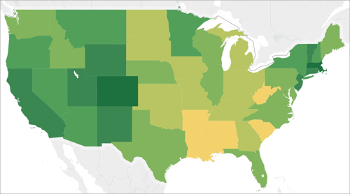 Mappa degli Stati Uniti con gli stati ombreggiati in varie tonalità di verde e giallo.