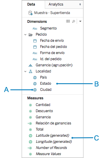 Riquadro Dati con callout che puntano ai campi a cui sono applicati ruoli geografici.