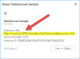 Finestra di dialogo con i dettagli sull’estensione del campione di origini dati, come URL, numero di versione e ID istanza.