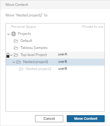 Screenshot della finestra di spostamento dei contenuti Progetto di primo livello con un’icona a forma di lucchetto e il nome "utente A" accanto, che include "progetto nidificato 1" e "progetto nidificato 2". Entrambi i progetti nidificati sono di proprietà dell’utente B.