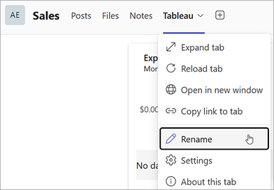 Opzione Rinomina per la scheda Tableau