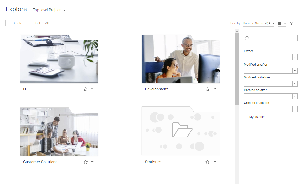 Pagina Esplora personalizzata con progetti ordinati in IT, Sviluppo, Soluzioni per i clienti e Statistiche.