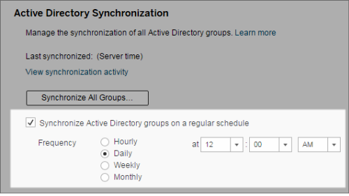 Schermata Sincronizzazione Active Directory con opzioni per la pianificazione della frequenza.