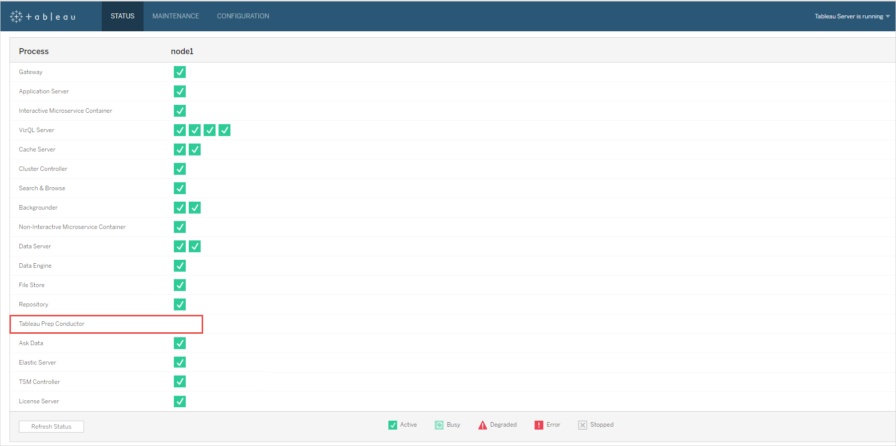 Scheda Stato dell’interfaccia Web di Tableau Services Manager che mostra che Tableau Prep Conductor non è abilitato.