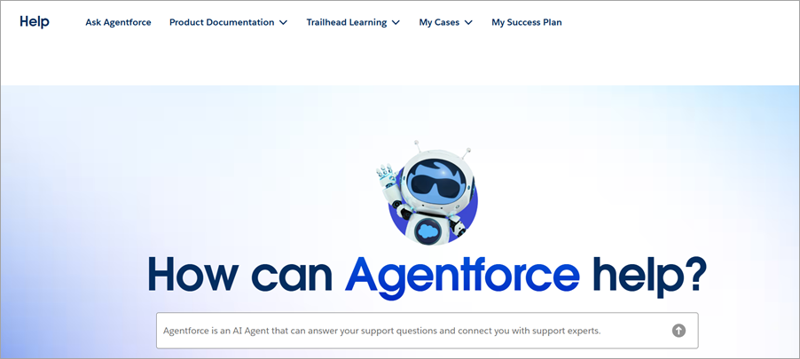 Agentforce AI を示す Web ページ。質問を入力できるテキスト ボックスがあります。