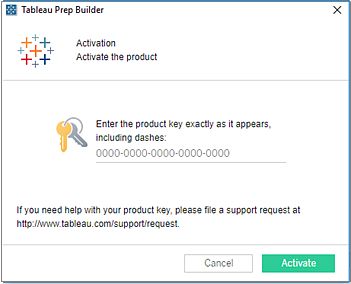 Tableau Prep Builder プロダクト キーの有効化ダイアログ。