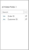 Tableau Prep フローのプロファイル カードには、線が引かれた目のアイコンで示される非表示のフィールドが示されています。