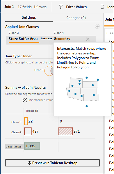 結合句と結果、視覚的なツールヒント、および [Tableau Desktop でプレビュー] ボタンが表示されている Tableau Prep の [Join Settings (結合の設定)] ペイン。