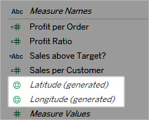 Tableau によって生成された緯度と経度のメジャー。