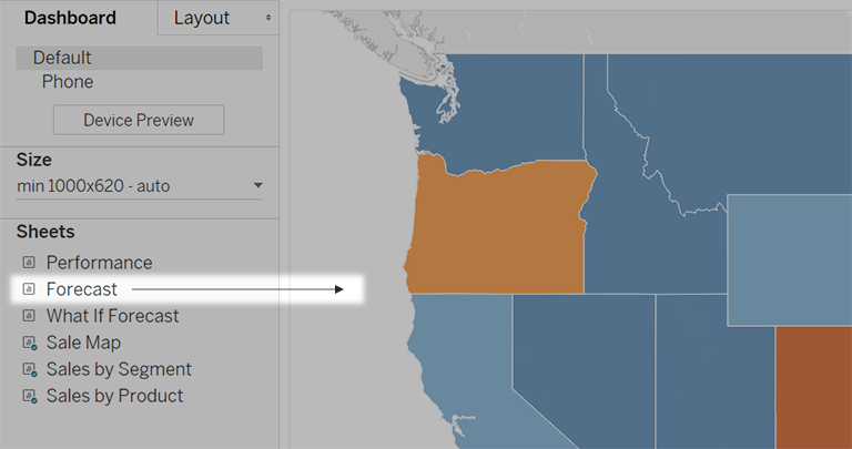 予測シートが強調表示され、ビューにドラッグできることを示す矢印が表示された Viz。