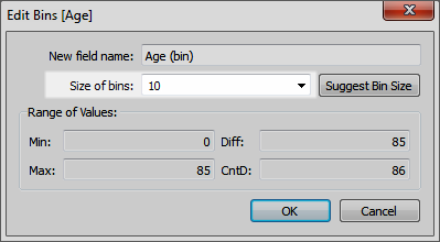 新しいフィールド名を追加し、ビンのサイズを指定する、ビンの編集ダイアログ。