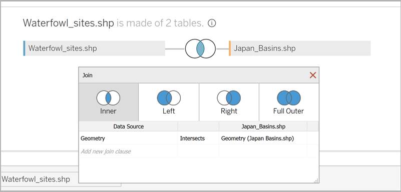 内部結合、左結合、右結合、完全外部結合のオプションを備えた Tableau 結合ダイアログ。