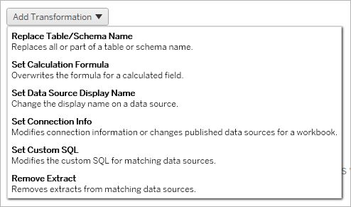 テーブル名の置換や SQL 設定の調整を含むデータ ソース変換のリスト。