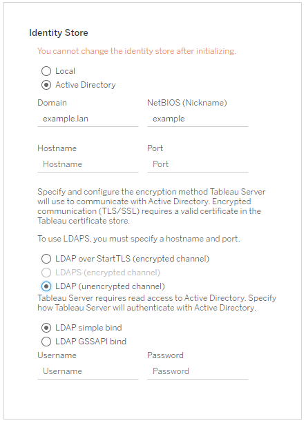 初期化後に ID ストアを変更できないことを示すメッセージが表示された ID ストア ウィンドウ。