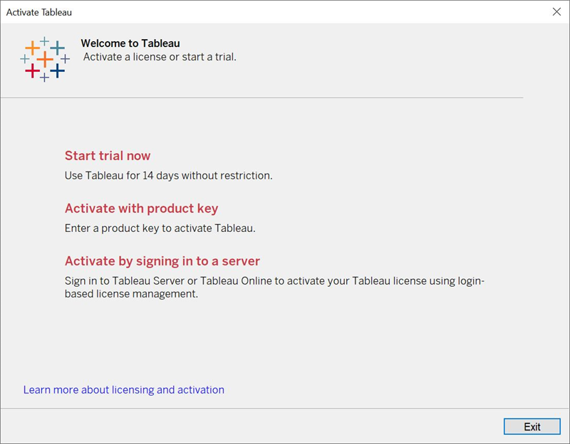 Tableau ライセンスの有効化ウィンドウ。