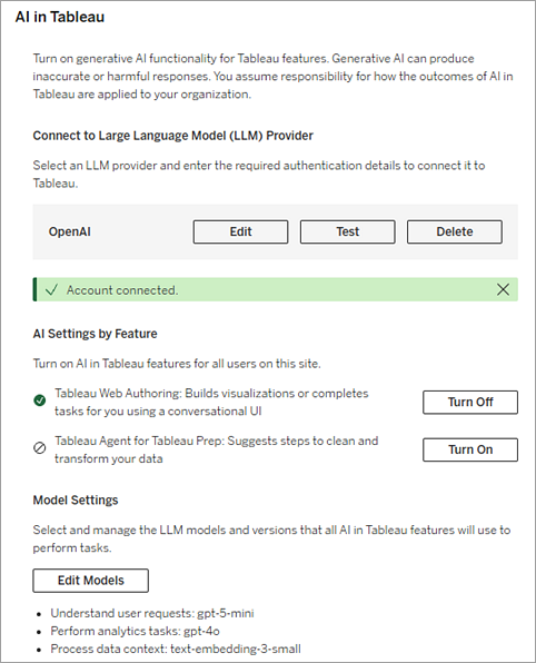 Tableau の AI サイトの OpenAI 用の 設定。